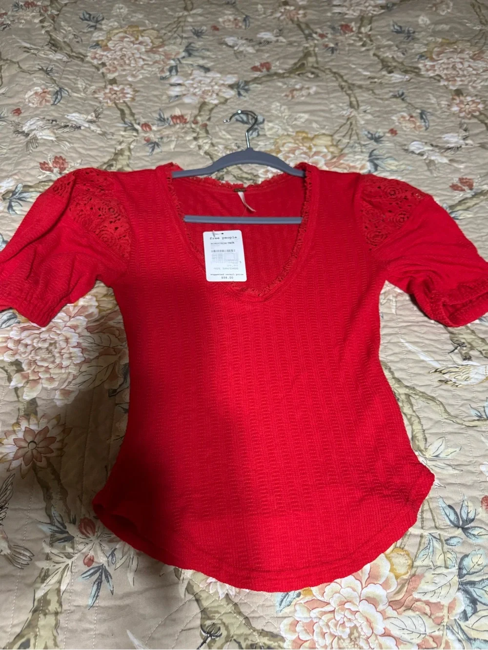 Free People Red Ribbed Lace-Sleeve Short Sleeve Tee